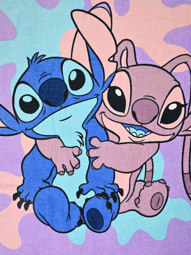 Yellow Bee Girls Disney Stitch & Angel Bath Towel With  “Just Chill” Design (400 GSM) - Purple, 28" X 58"- close up view