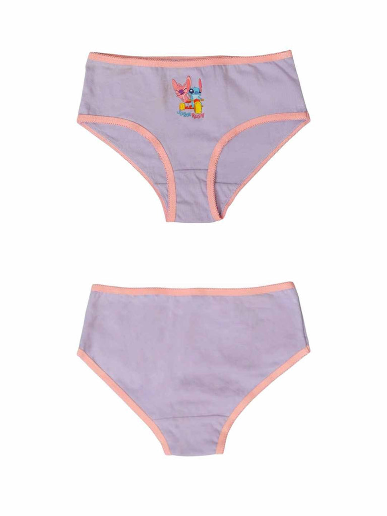 Lavender girls’ brief with Stitch & Angel “Sugar Rush” placement graphic, front and back views.