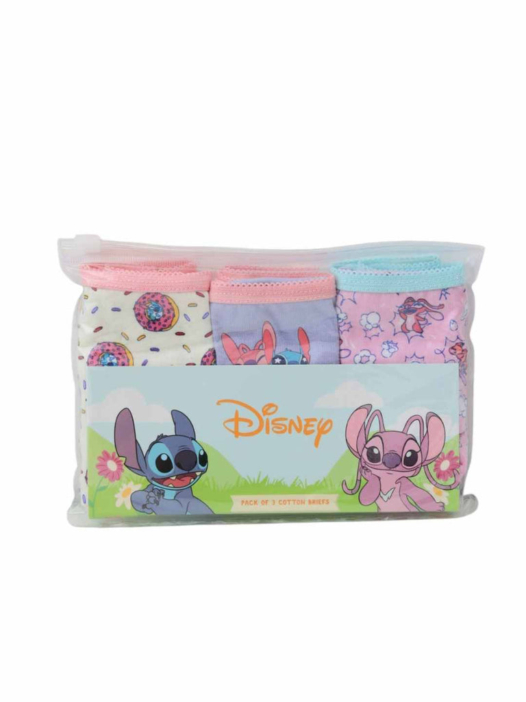Front of Disney Stitch underwear 3‑pack packaging in a clear zip pouch.