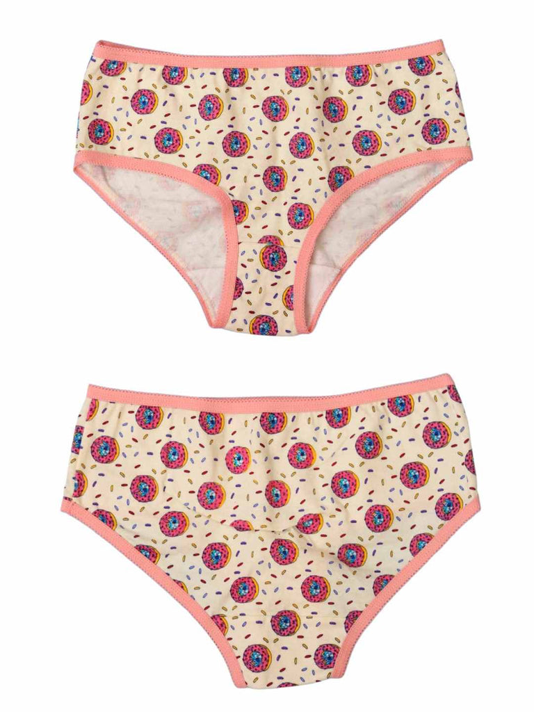 Cream girls’ brief with colourful donut‑and‑sprinkles pattern, front and back views.