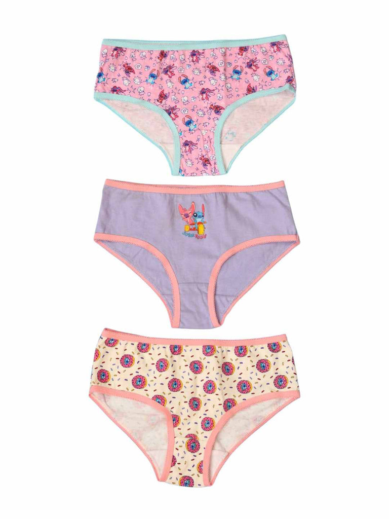 Flat‑lay of three Disney Stitch cotton briefs on a blue background showing assorted prints.