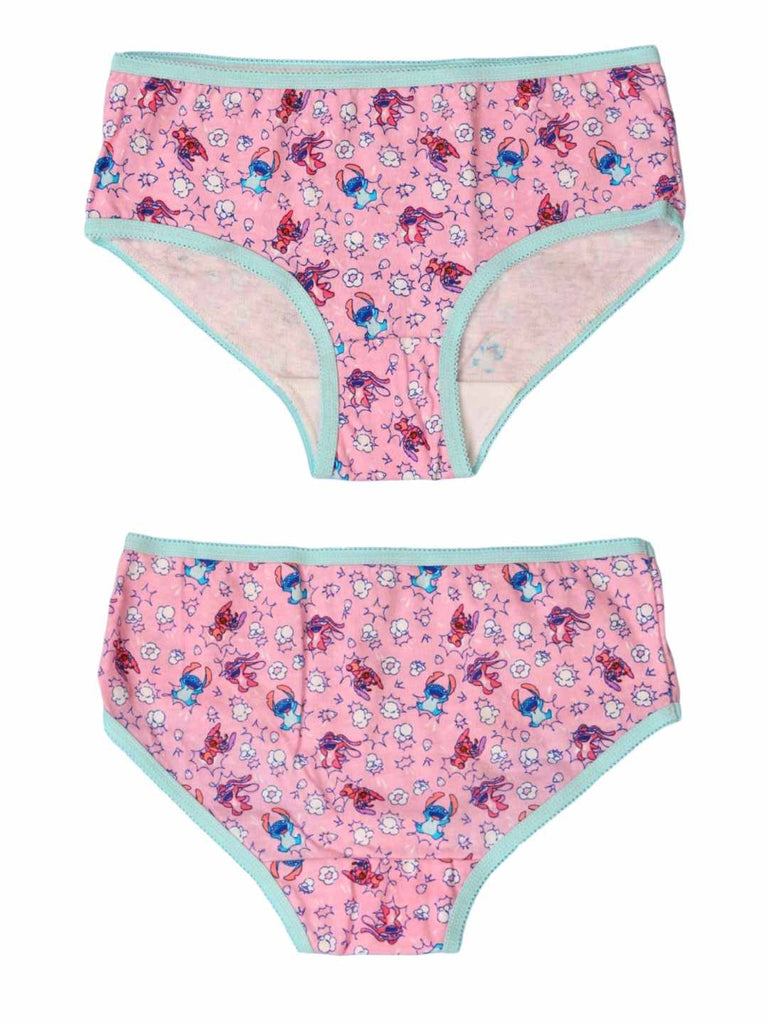 Pink girls’ cotton brief with all‑over Stitch & Angel print, front and back views.