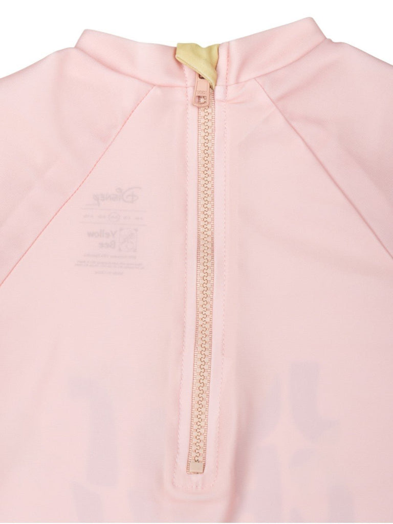 Yellow Bee Girls’ Disney Stitch & Angel One-Piece Swimsuit – “Just Chill” Print in Pink and Pastel Yellow-Back Close Up View