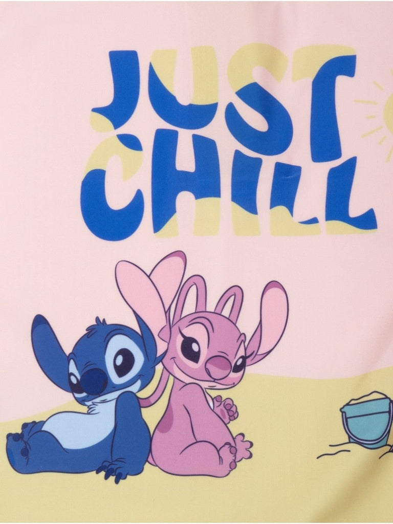 Yellow Bee Girls’ Disney Stitch & Angel One-Piece Swimsuit – “Just Chill” Print in Pink and Pastel Yellow-Showing Design