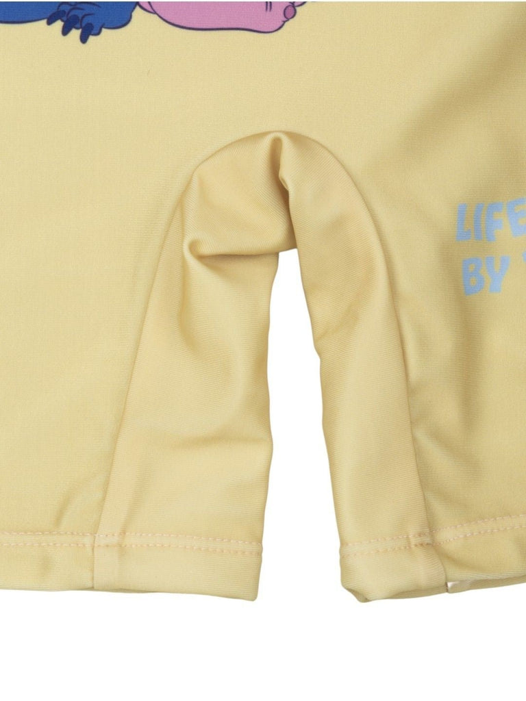 Yellow Bee Girls’ Disney Stitch & Angel One-Piece Swimsuit – “Just Chill” Print in Pink and Pastel Yellow-Bottom View