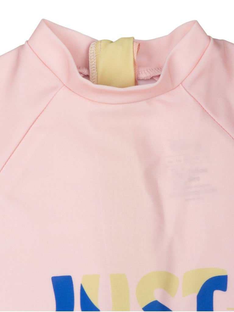 Yellow Bee Girls’ Disney Stitch & Angel One-Piece Swimsuit – “Just Chill” Print in Pink and Pastel Yellow-Front Close Up View