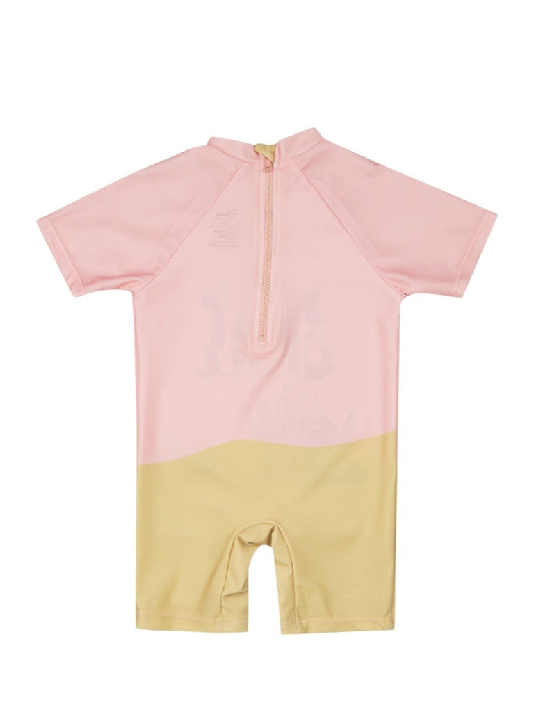 Yellow Bee Girls’ Disney Stitch & Angel One-Piece Swimsuit – “Just Chill” Print in Pink and Pastel Yellow-Back View