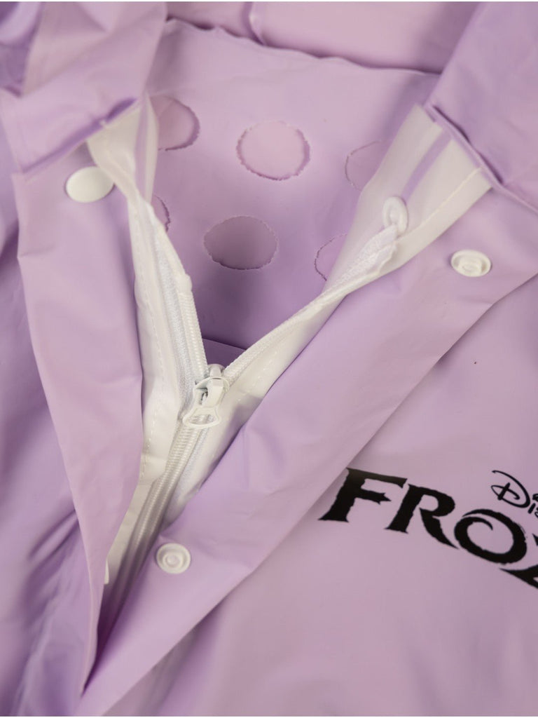 Yellow Bee Girls' Lavender Disney Frozen Raincoat –  Elsa and Anna “One Heart Two Sisters” Design-Zipper View