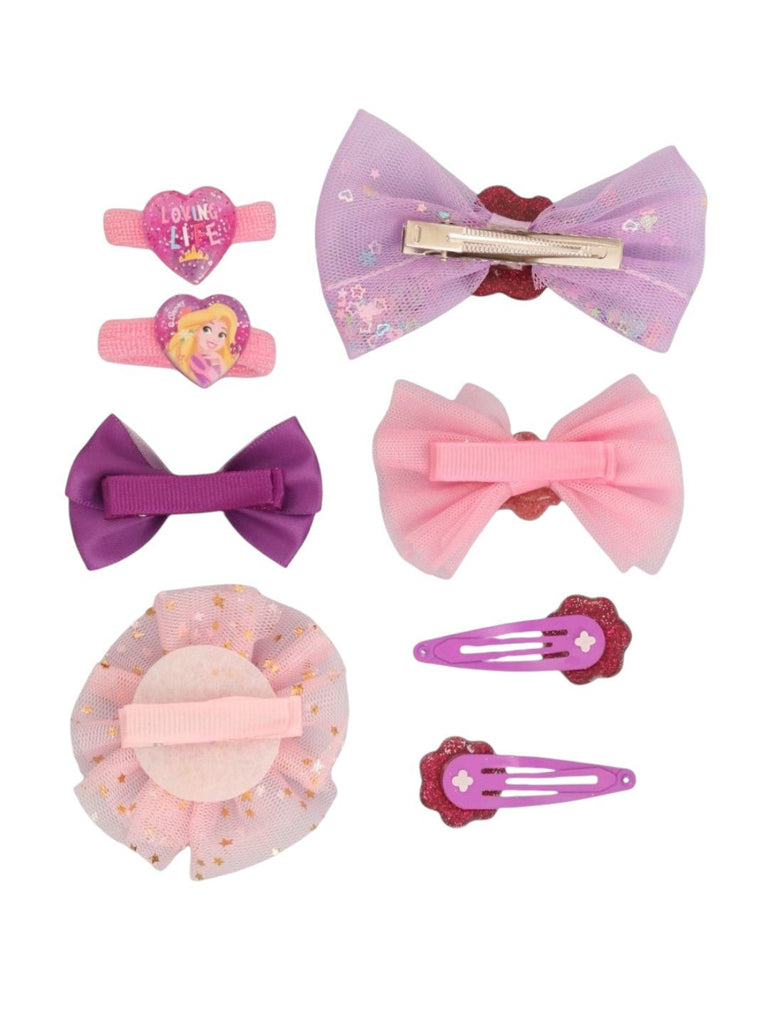 yellow-bee-disney-rapunzel-hair-accessories-gift-set-for-girls-bows-clips-bands-in-purple-back close-up-view