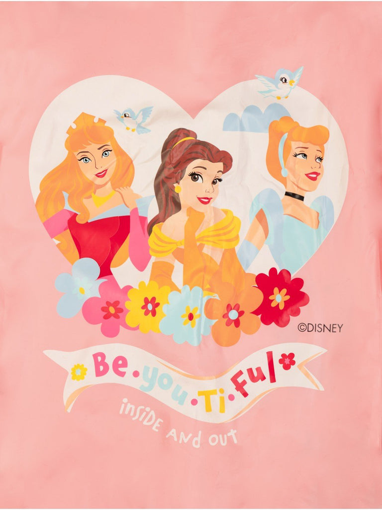 Yellow Bee Girls' Pink Disney Raincoat Featuring with Ariel, Belle, Cinderella, Aurora Design- Print Close Up View