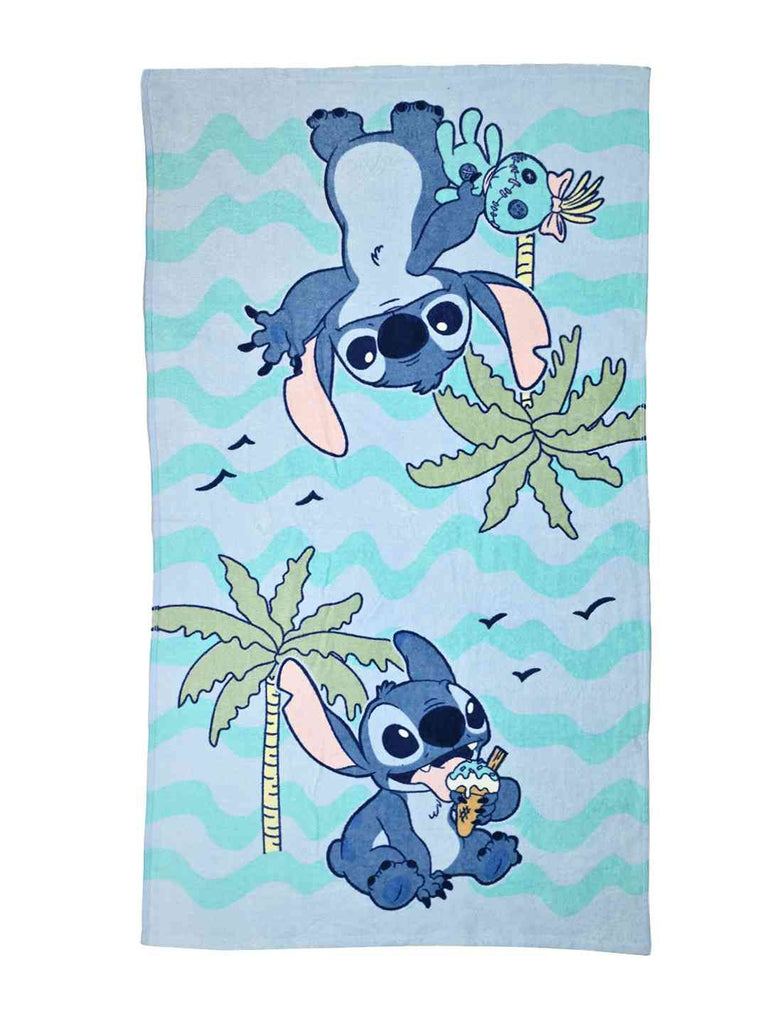 Yellow Bee Kids’ Disney Stitch Bath Towel With Summer Tree Palm Design (200 GSM) - Blue , 24 X 44 Inches- Front View