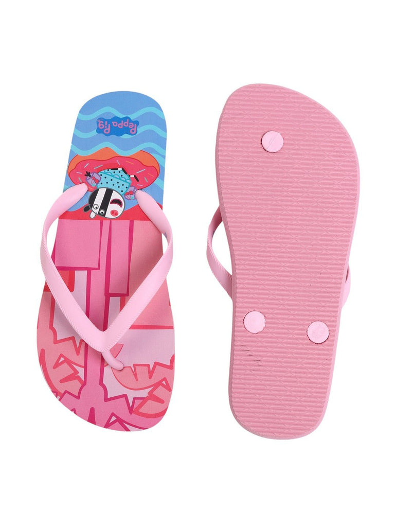 Top view of Peppa Pig pool party-themed girls' flip-flops set on a pink backdrop, highlighting the vibrant print and charming character designs.