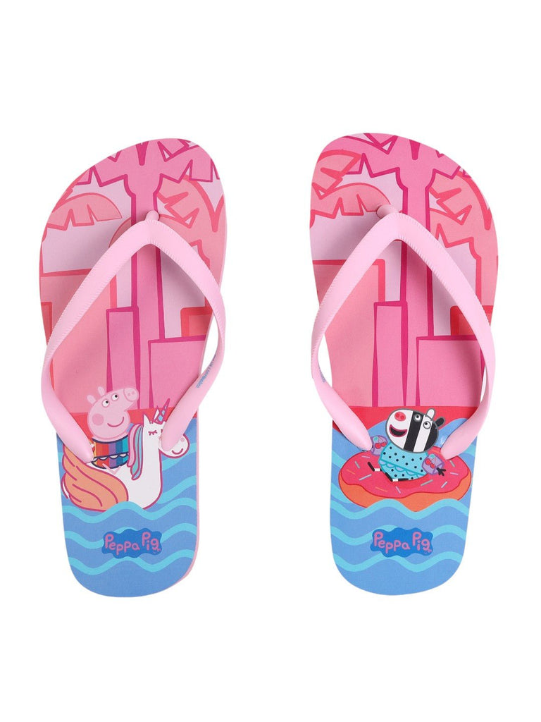 A pair of girls' Peppa Pig pink flip-flops showcasing a pool party scene with fun characters, complete with a soft pink strap for comfortable wear.