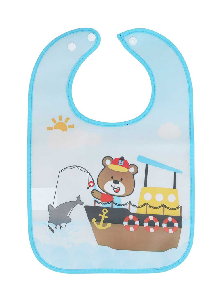 Baby Bib Combo – Fishing Bear on Blue Boat & Musical Frog & Friends - Front View