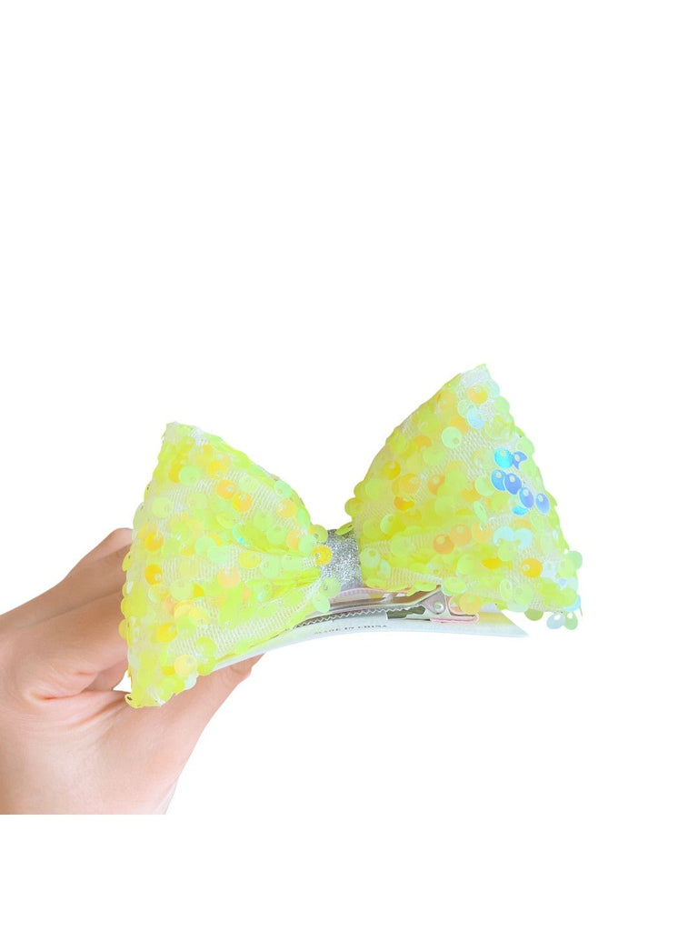Yellow Glittery Sequin Bow Hair Clip – Eye-Catching Design for Girls-Close-up