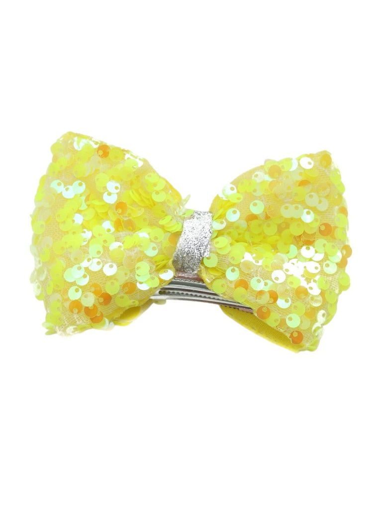 Yellow Glittery Sequin Bow Hair Clip – Eye-Catching Design for Girls-Front View