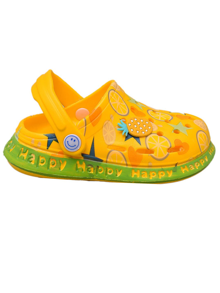 yellow-kids-clogs-with-citrus-fruit-and-star-patterns-side view.