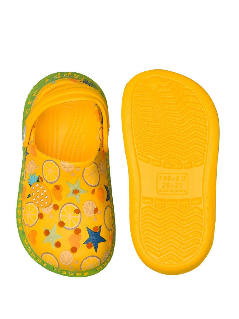 yellow-kids-clogs-with-citrus-fruit-and-star-patterns-front & back view