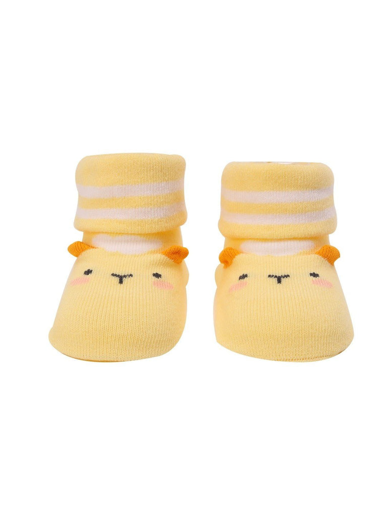 Product view of Yellow Lamb Baby Socks with Lamb Face and Striped Cuffs