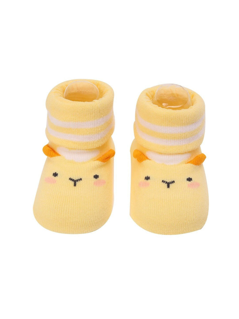 Upper view of Yellow Lamb Baby Socks with Lamb Design and Stripes