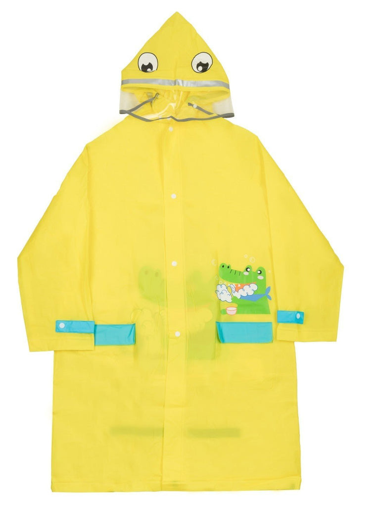 Front view of Yellow Bee Playful Crocodile Raincoat for boys, showcasing a vibrant yellow color with a fun crocodile and bubbles design on the front