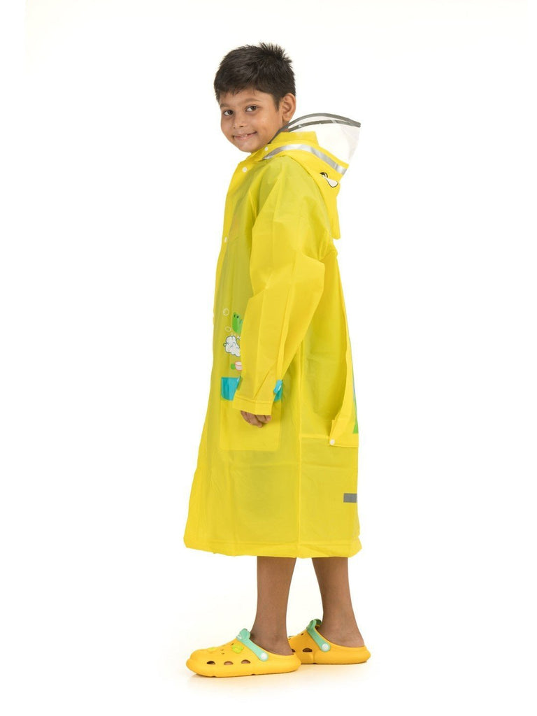 Angle view of Yellow Bee Playful Crocodile Raincoat for boys, showcasing a vibrant yellow color with a fun crocodile and bubbles design .