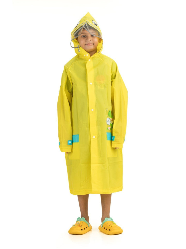 Front view of Yellow Bee Playful Crocodile Raincoat for boys, showcasing a vibrant yellow color with a fun crocodile and bubbles design .