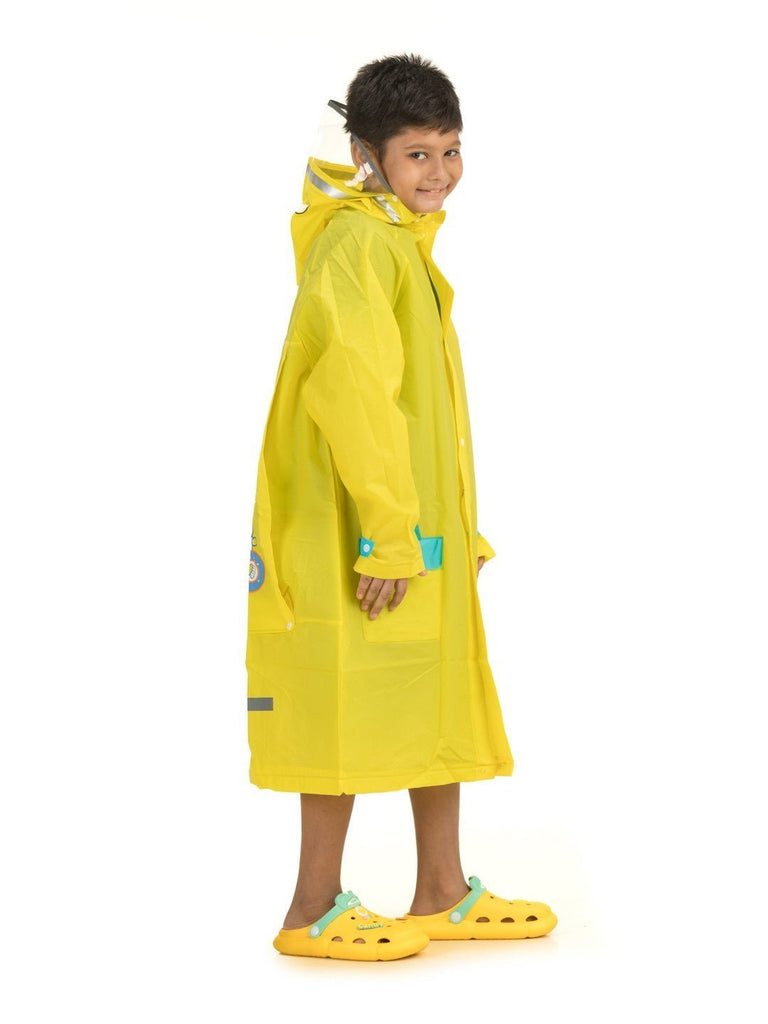 Side view of Yellow Bee Playful Crocodile Raincoat for boys, showcasing a vibrant yellow color with a fun crocodile and bubbles design .