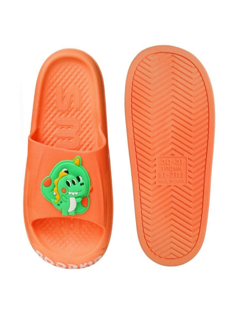 Top and bottom view of the Youth Dinosaur Character Summer Slides For Boy's showing detailed tread for safety.