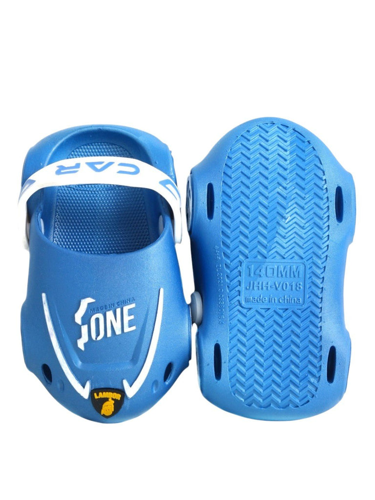 Zoom Into Comfort: Blue Car Clogs for Kids-Front & Back View