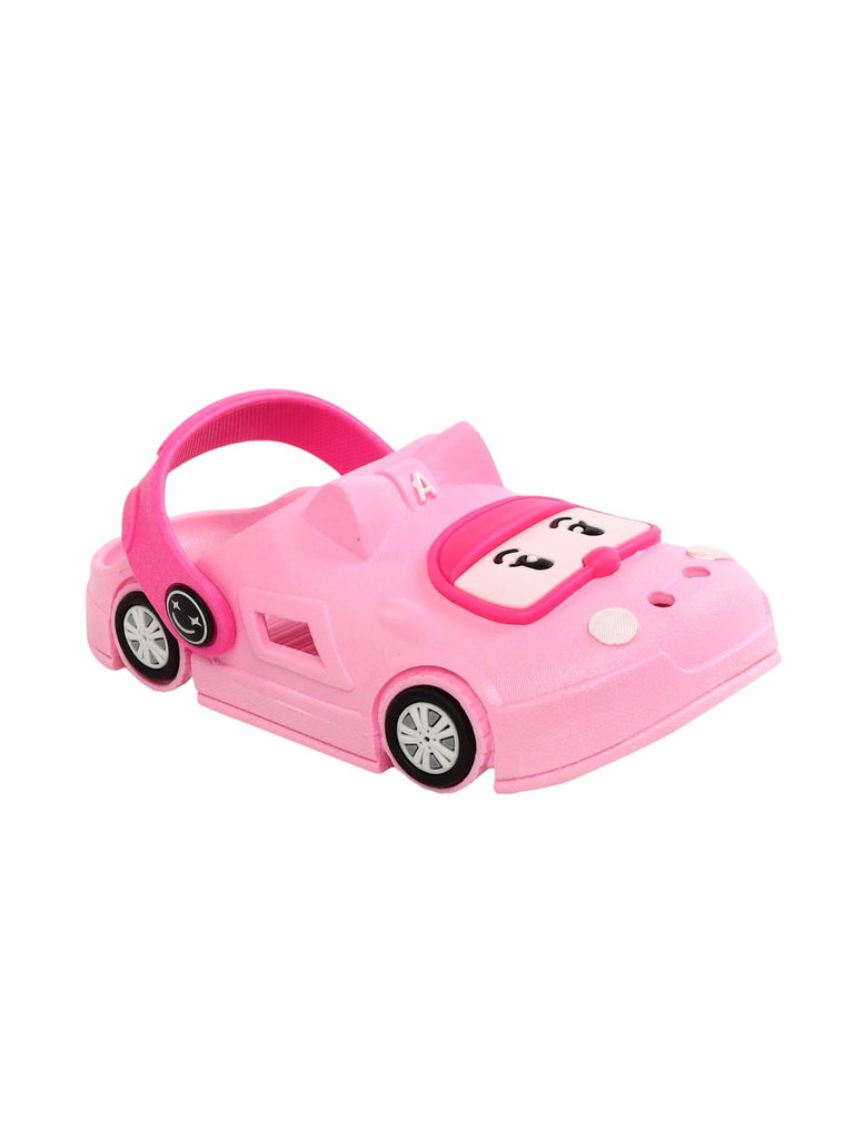 Side view of pink car-themed clogs for kids, complete with wheels and a smiling car face, ensuring a comfy and joyous ride..