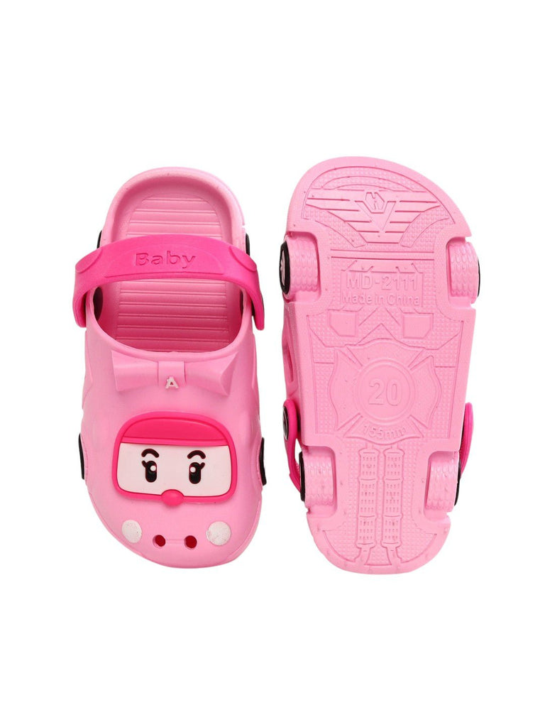 "Adorable pink car clogs for children, designed with a secure strap and a happy car face, ready for any playful adventure."-top..