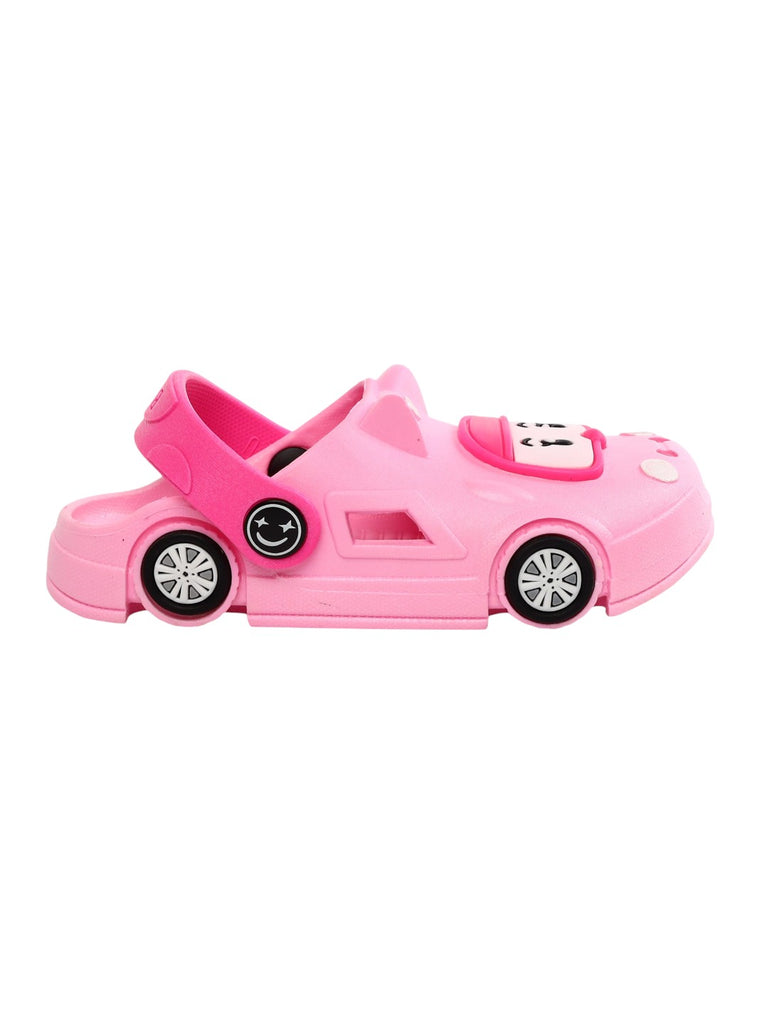 Side view of pink car-themed clogs for kids, complete with wheels and a smiling car face, ensuring a comfy and joyous ride.-side2.