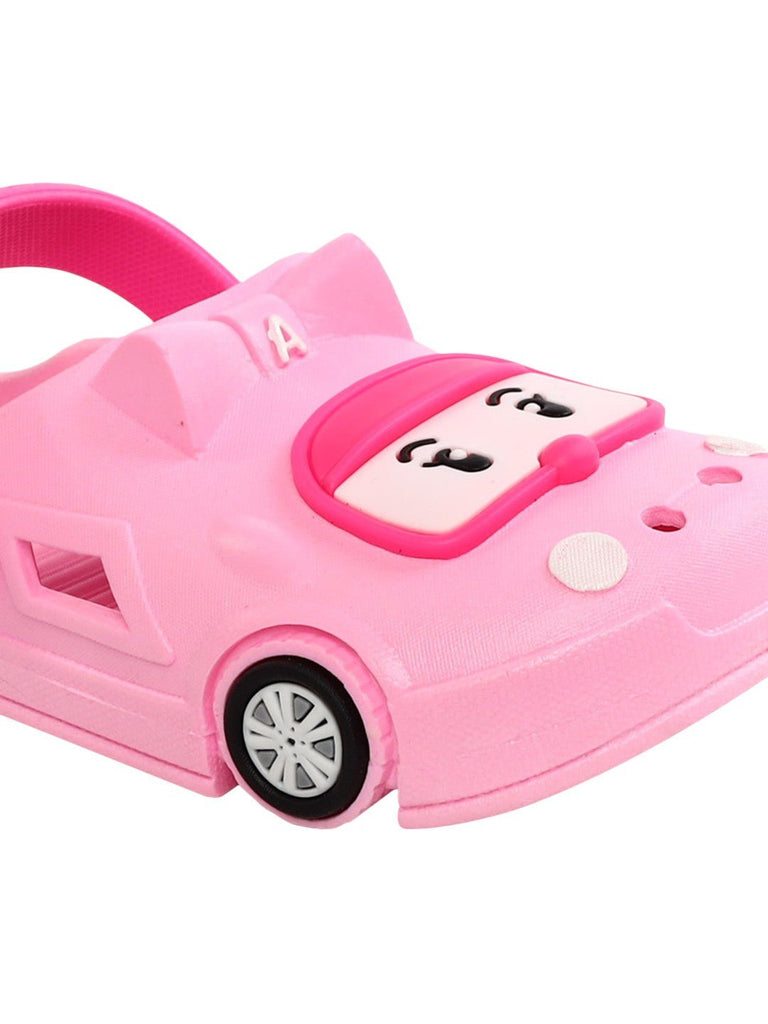 "Adorable pink car clogs for children, designed with a secure strap and a happy car face, ready for any playful adventure."-zoom.