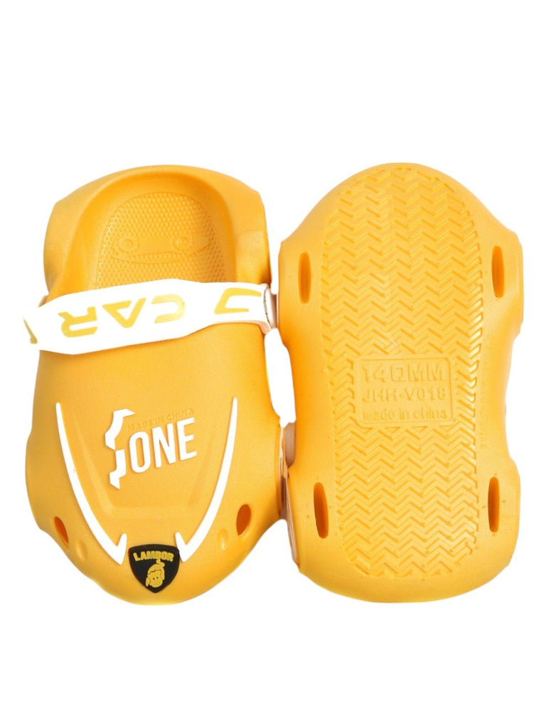 Zoom & Play: Sporty Yellow Car Clogs for Active Kids-Front & Back View