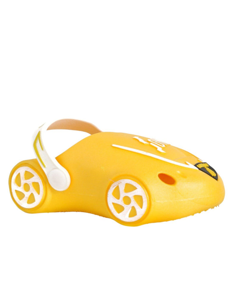 Zoom & Play: Sporty Yellow Car Clogs for Active Kids-Angle View