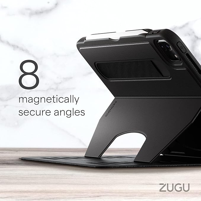 ZUGU Ultra Slim iPad Pro 11 case in Stealth Black, showcasing the magnetic stand's secure angles.