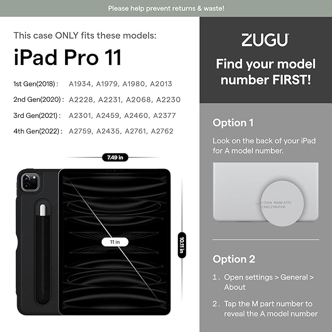 Detailed compatibility chart for ZUGU iPad Pro 11 case, listing model numbers and dimensions.