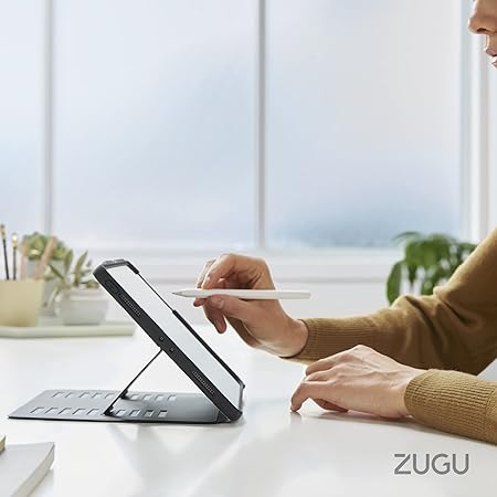 Detailed view of the ZUGU Black Protective Case for iPad Pro 12.9", focusing on its design and magnetic stand functionality.