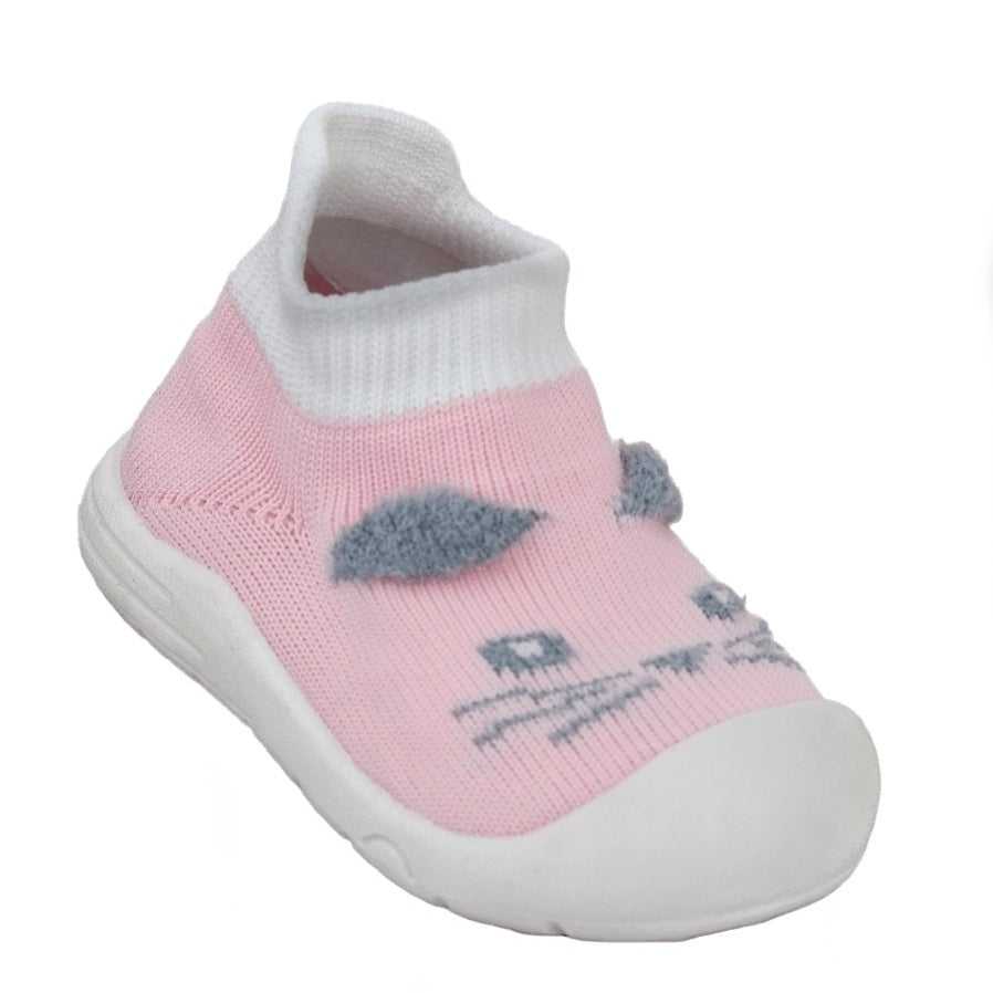 Side view of Yellow Bee's soft fabric sock shoes with cat face for toddlers