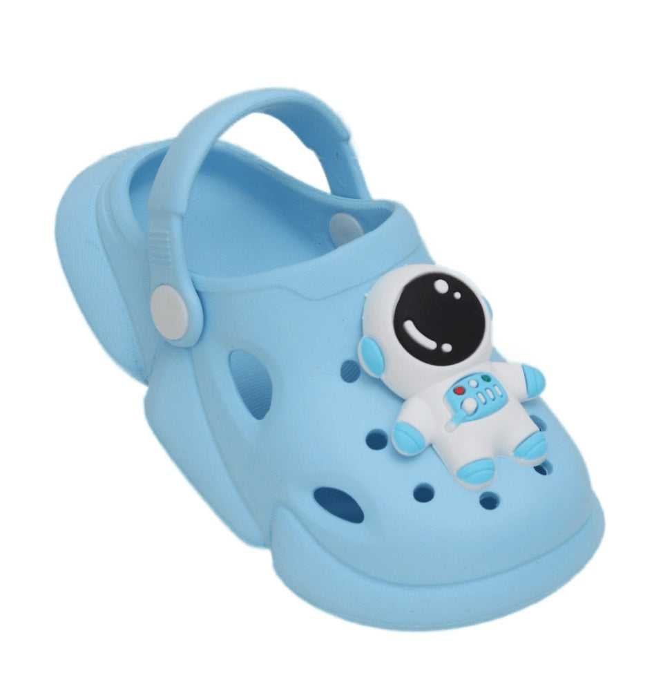 Full view of a pair of blue astronaut motif clogs for toddlers, showcasing the full design
