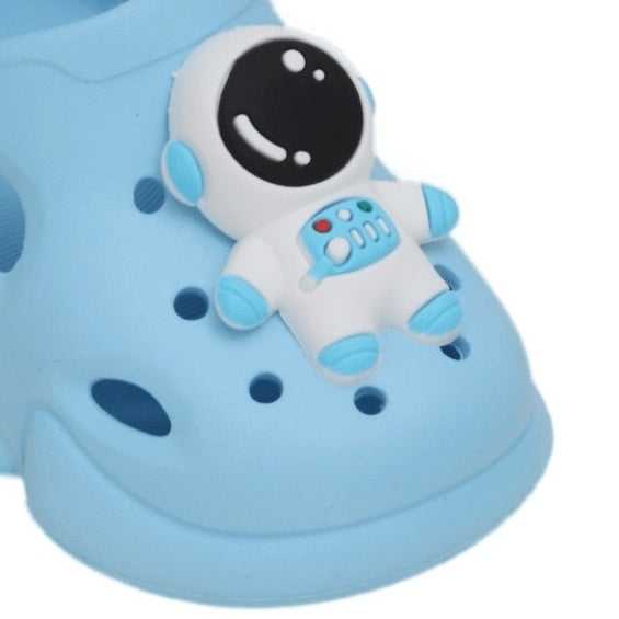 Close-up of blue toddler clog with a cute astronaut decoration.