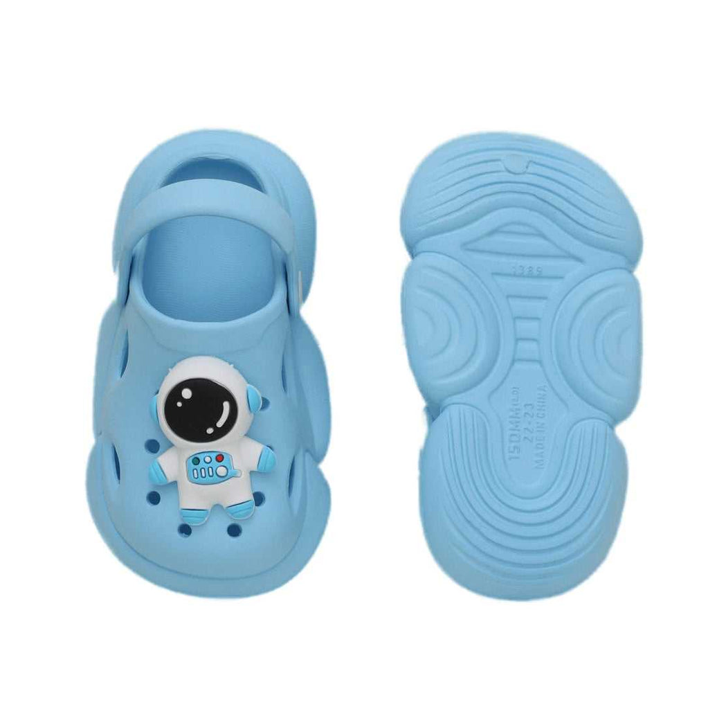 Top and bottom view of blue astronaut-themed toddler clogs showing the insole and sole.