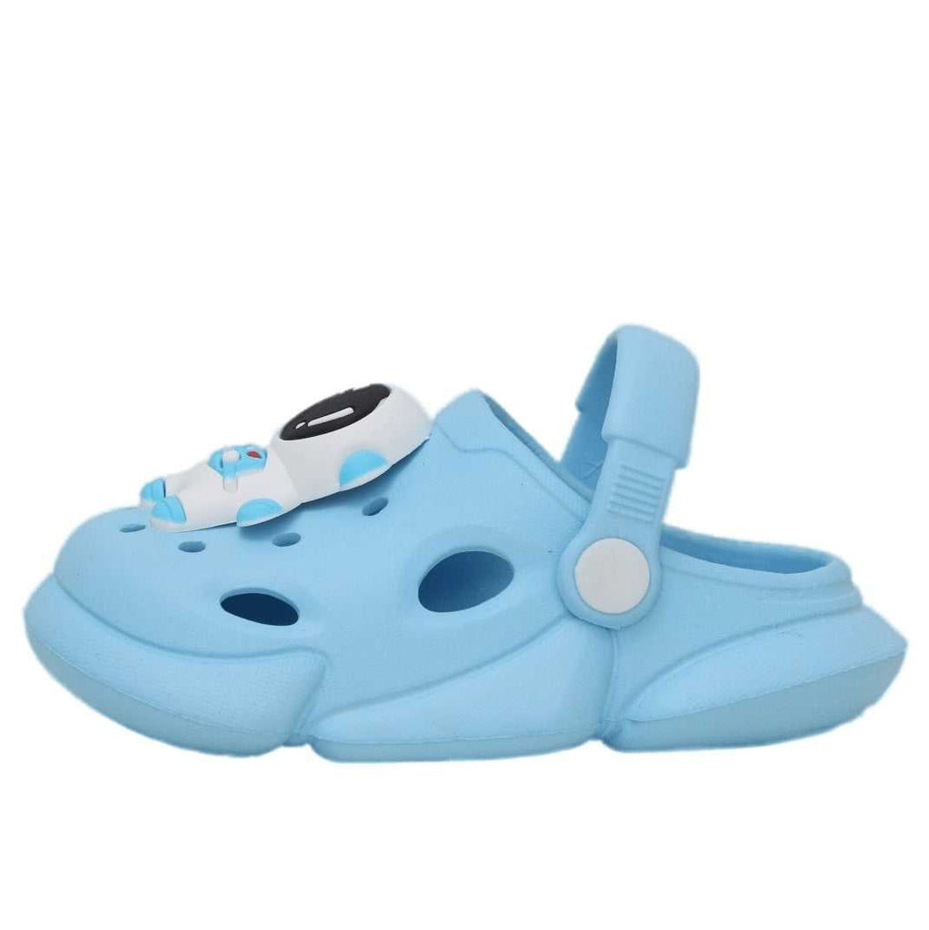 Side view of a blue astronaut motif toddler clog with secure heel strap