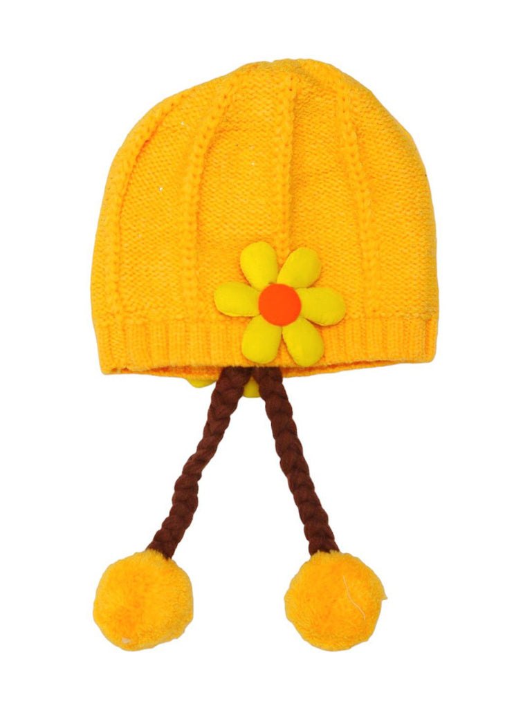 Top View of Girl's Yellow Flower Knitted Hat with Braided Tassels and Pom-Poms