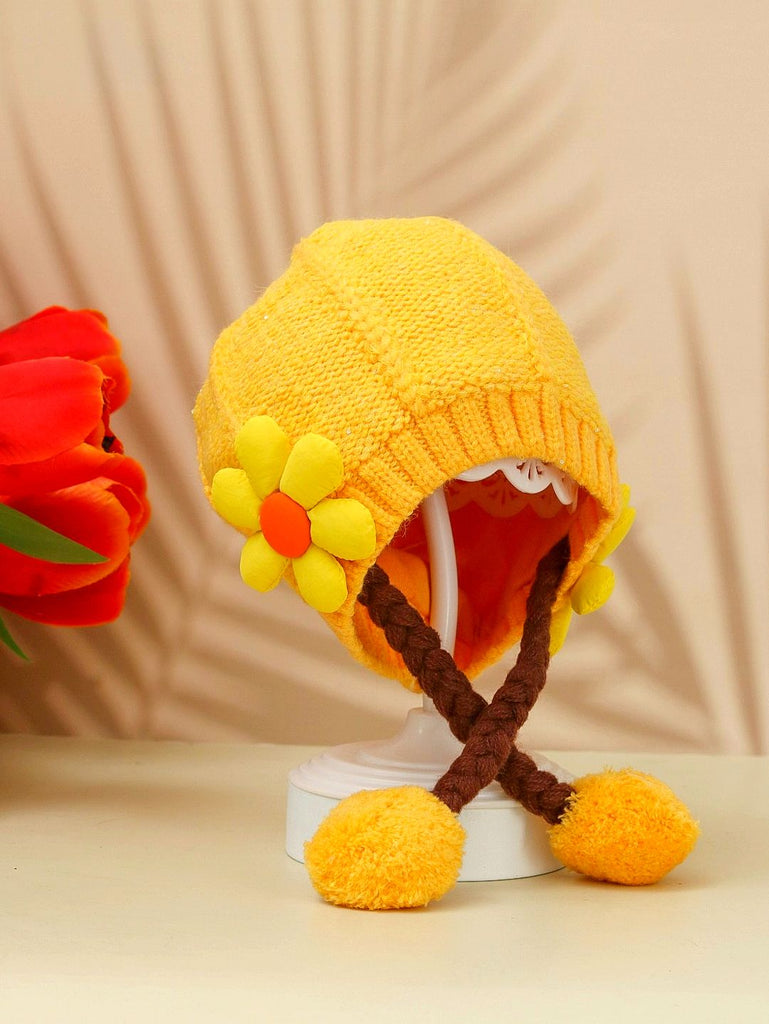 Yellow Knitted Hat with Flower and Braided Pom-Poms for Girls 