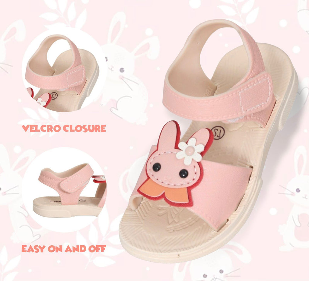 Close-up of Pink Bunny Detail Sandals with Velcro Closure