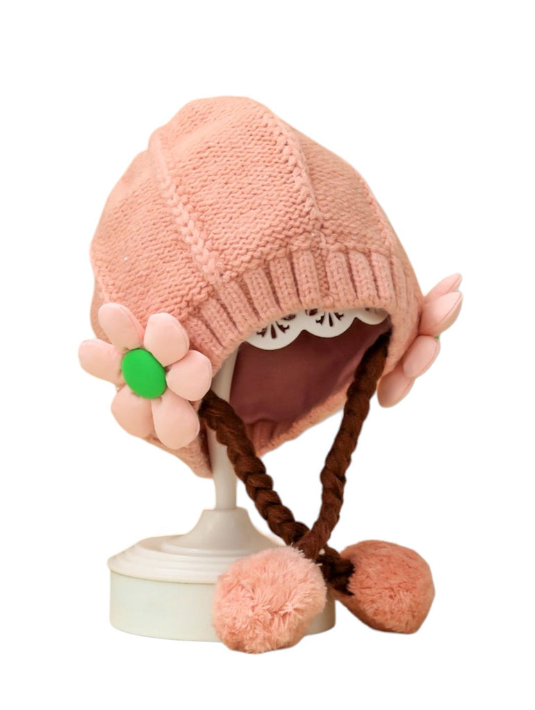 Pink Winter Hat with Knitted Flower and Braided Pom-Pom