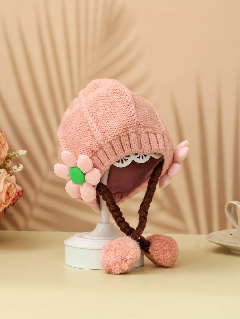 Girl's Pink Knitted Hat with Flower Detail and Braided