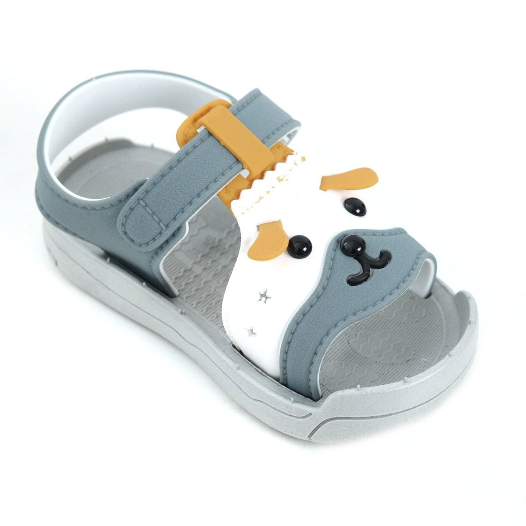Side view of cute grey puppy sandals with adjustable strap for toddlers